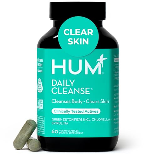 HUM Daily Cleanse Acne Supplements for Women & Men, Gentle Digestive Cleanse for Clear Skin Support, Zinc, Spirulina, Chlorella, Detoxifying Herbs, Organic Algae, Skin Vitamins Supplement, 60 Capsules