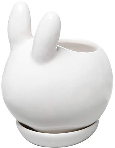 MyGift Mini Ceramic Bunny Planter, Decorative Rabbit Design White Small Flower Pot Succulent Planter with Detached Saucer
