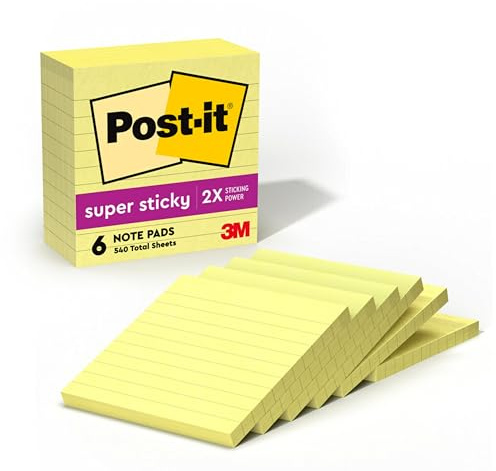 Post-it Super Sticky Lined Notes, 6 Sticky Note Pads, 4 x 4 in., School Supplies, Office Products, Sticky Notes for Vertical Surfaces, Monitors, Walls and Windows, Canary Yellow
