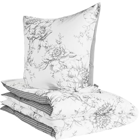 Zeitgeist Ibena Cholet Bettwäsche 155x220 cm – Baumwoll Bettwäsche-Set 2 TLG. Blumen und Streifen grau weiß, mit Reißverschluss 1x 155x220 cm + 1x 80x80 cm