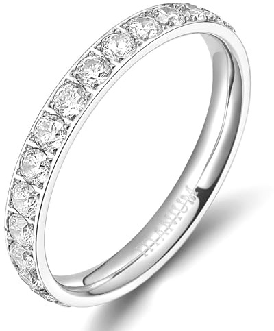 TIGRADE 3mm Women Titanium Engagement Ring Cubic Zirconia Eternity Wedding Band Size 3-13.5, Silver, Size 12.5