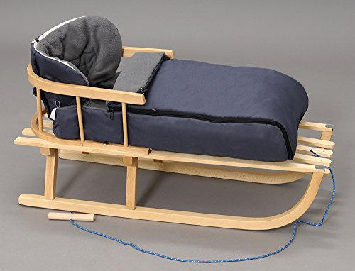 Holzschlitten Kinderschlitten Rodelschlitten Schlitten Klassischer aus Buchenholz mit Rückenlehne mit Winterfußsack aus Holz 90cm | 10 Farben (Grau)