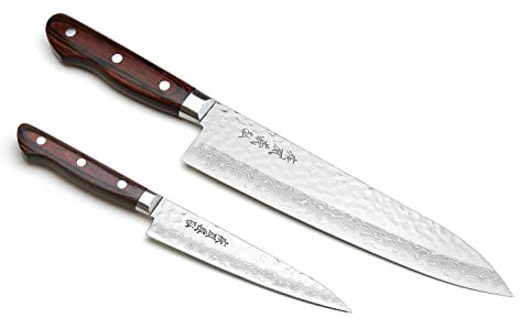 Yoshihiro 16Layers martillado Damasco japonés 8,25 & Petty 5.3 2pc Set japonés cuchillo de chef