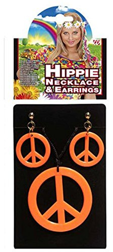 NET TOYS Hippie Schmuck neon orange Peacezeichen Kette Ohrclips Hippieschmuck Peace Zeichen Set Hippieset
