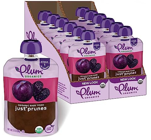Plum Organics - 4+ Months Organic Baby Food Pouches - Just Punes - Non-GMO - Fruit & Veggie Blends On-The-Go Pouches for Baby & Toddler Meals - Quality Tested Ingredients - 3.5 oz (Pack Of 12)
