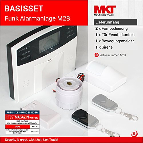 Multi Kon Trade M2B GSM Funk Alarmanlage Haus mit LCD Display – Alarmanlagen Komplett-Set mit Bewegungsmelder, Tür- & Fensterkontakt, erweiterbares Alarmsystem mit Fernsteuerung, inkl. APP (Basic Kit)