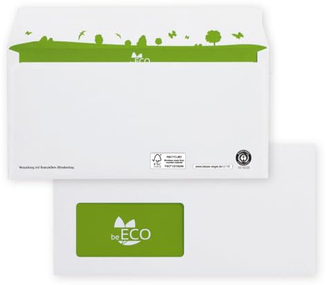 beECO Briefumschläge DIN lang (500 Stück), Briefumschläge mit Fenster haftklebend, Briefumschlag aus 100% Recycling Papier, Umschläge für DIN A4 Papier, weiß, 110 x 220 mm, 80g/m²