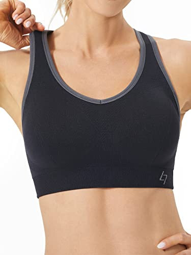 FITTIN Racerback Sports Bra for Women- Padded Seamless Activewear Bras for Yoga Gym Workout Fitness - Support Comfortable Removable Pads Tops for Teenager Girls Aged 15-20 - Gifts for her Black