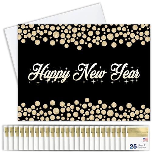 New Years Cards for Business & Family (Golden Bubbles) Greeting Card Set Pack of 25 Happy New Year Cards with Envelopes for 2026 (5x7 inch - A7) Great for Office, Work, Employees & Clients N1604