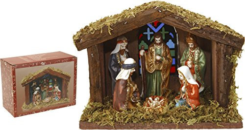 Home&Style nativity scene, 6 figures and 1 wooden stable, 20 x 15 cm with lighting in coloured box, 463303