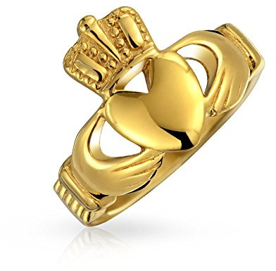 Bling Jewelry Personalizzare fascia unisex cuore BFF celtico irlandese amicizia coppie promessa Claddagh anello per uomini donne adolescenti in acciaio inox tono oro personalizzato inciso