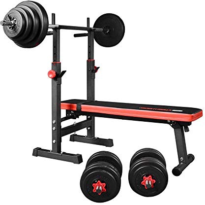 Train Hard Hantelbänk, tryckbänk, BlackCombo multifunktion, vikbar och justerbar, med vikter 50 kg upp till 160 kg, skivhantel, curlhantel, curlhantel, välj mellan (med 90 kg lång och hantel)