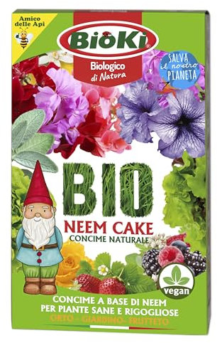 Bioki Neem Cake concime organico azotato per ortaggi, piante da frutto, giardinaggio e piante da interno, Astuccio da 900 g completo di misurino. Distribuzione facile e sicura