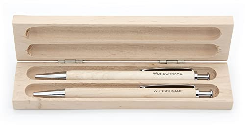 Namenbar Schreibset mit Namen: Kugelschreiber und Bleistift graviert - aus Holz in einer schlichten Box