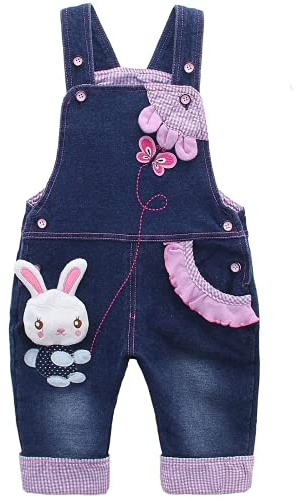 KIDSCOOL SPACE Baby Girl Jean Overalls,Toddler Denim Cute 3D Bunny Outfit,Blue,12-18 Months
