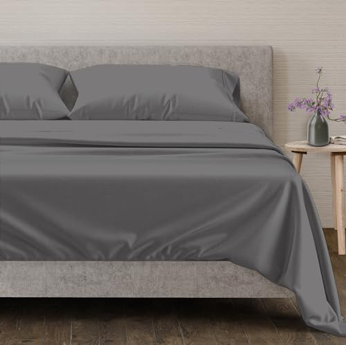 Mayfair Linen Parure de draps 4 pièces 100 % coton égyptien 240 fils/cm², linge de lit doux, luxueux et rafraîchissant, bonnet profond de 41 cm, tissage satin, pour lit queen-size, Gris foncé