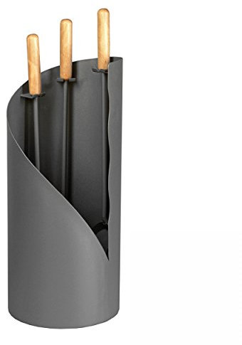 Lienbacher Serviteur de cheminée 3 pièces en acier inoxydable brillant avec poignées en bois Anthracite