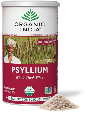 ORGANIC INDIA Psyllium Herbal Powder - Whole Husk Fiber, Healthy Elimination, Keto Friendly, Vegan, Gluten-Free, USDA Certified Organic, Non-GMO, Soluble & Insoluble Fiber Source - 12 oz Canister