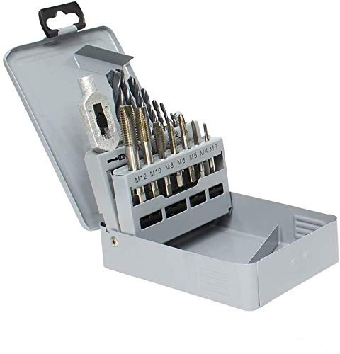 PROFI Gewindeschneidsatz, 15 teilig, Einschnittgewindebohrer M3-M12, HSSG, Kernlochbohrer, HSSG Metallbohrer Set, Geschliffen, Mit Spiralbohrer & Verstellbarem Windeisen