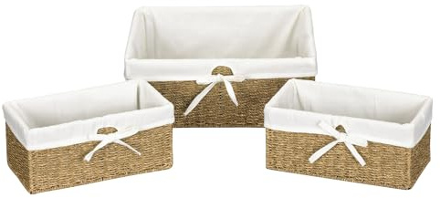 Household Essentials ML-5611 Set of Three Woven Wicker Storage Baskets with Removable Liners | Natural Seagrass,Brown