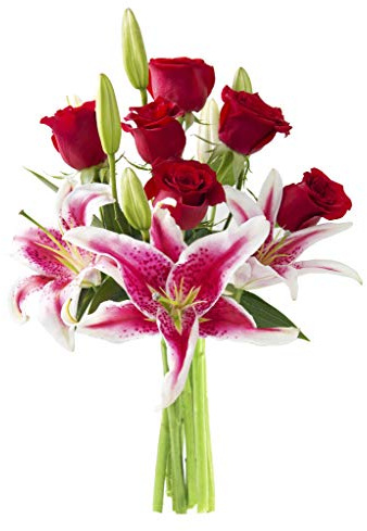 KaBloom - Adore Her Mixed Bouquet of Farm-Fresh Red Roses and Pink Lilies without vase - Fresh Flowers for Birthday, Valentine's & Mother's Day