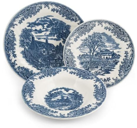 Philips Lighting Churchill- Service de Vaisselle 18 pièces, Brookblue, Vaisselle de Table, Service pour 6 Personnes, Earthenware, Blanc Ivoire/Bleu