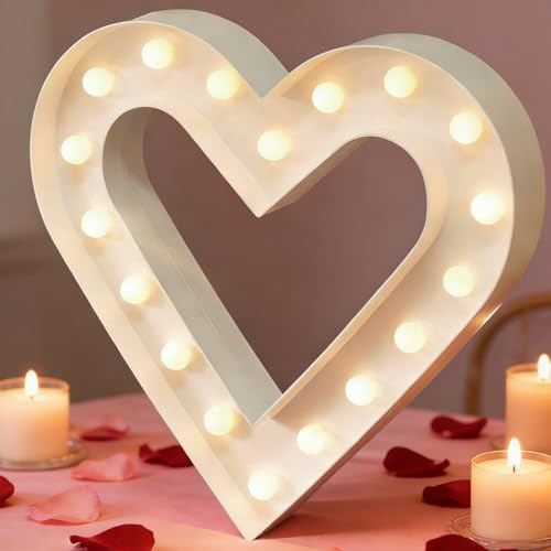 Bright Zeal 12 Inch Lighted Heart Marquee Light - Large Marquee Hearts With Timer and Lights - Valentines Day Decorations For The Home and The Office - White Wedding Decorations For Ceremony Reception