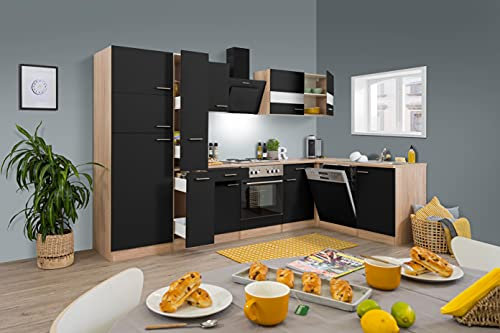 Respekta Merle Küchenzeile, Holzwerkstoff, Schwarz, 310 cm