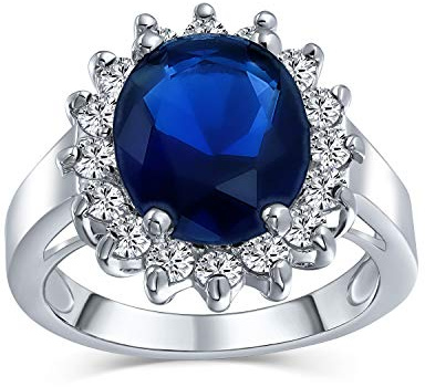 Bling Jewelry Personalizza Classico Tradizionale 5CTW Royal Blue CZ Corona Halo Ovale Zircone Cubico Simulato Zaffiro Promessa Anello Di Fidanzamento Per Donne Placcato Argento Personalizzabile