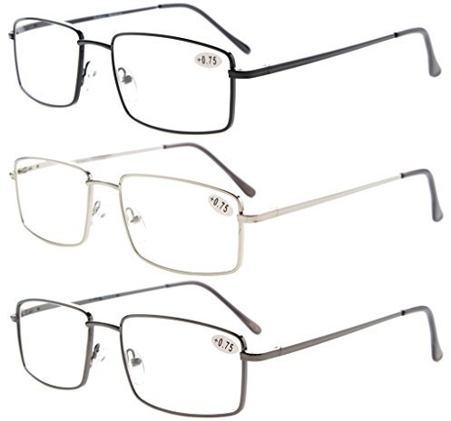 Eyekepper 3-Stuecke Leser Rechteckige Feder Buegel grosse Metall Lesebrille Maenner +2.0
