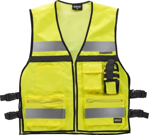 WORKTEAM Chaleco de Alta Visibilidad Multibolsillos en Tejido Oxford con Cintas Reflectantes, Cierre de Cremallera, Ajustes Laterales y Forro de Rejilla, Talla Única. Unisex Amarillo A.V.