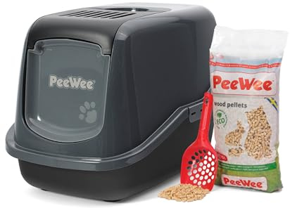 Katzentoilette PeeWee EcoHus Katzenklo mit Haube Katzen WC geschlossen inkl. 3kg Streu Holzpellets, Farbe:Schwarz-Anthrazit