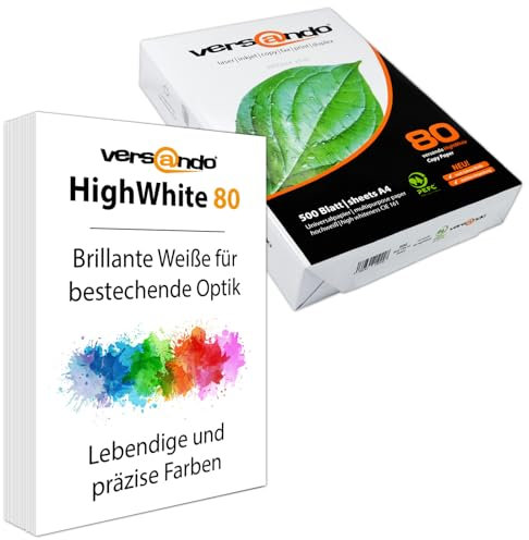 versando 500 Blatt Druckerpapier A4 hochweiß CIE161 Premium Kopierpapier (1x 500 Blatt HighWhite 80) strahlende Farben, klare Schrift, PEFC zertifiziert