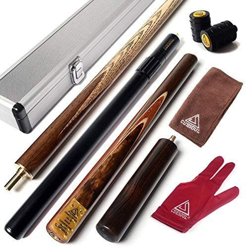 CUESOUL 57 3/4 Jointed Snooker Billiard Pool Cue Handcrafted 18oz with Telescopic Aluminium Extension & 6 Walnut Extension, Ash Shaft & Walnut Butt, in Aluminium Cue Case, 9.5mm Tip Snooker Cue Set