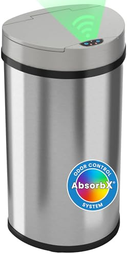 iTouchless 50 Liter / 13 Gallon Kitchen Trash Can with Lid & Deodorizer – Motion Sensor Semi-Round Stainless Steel Garbage Bin for Home, Office, or Garage – Slim, Wide Opening Large Capacity Design
