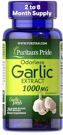 Puritan's Pride Premium Odorless Garlic Fresh 10 mg(1000mg Equivalent), Herb Dietary Supplement for Heart Health and Circulation Support with Antioxidant Properties, 250 Rapid Release Softgels