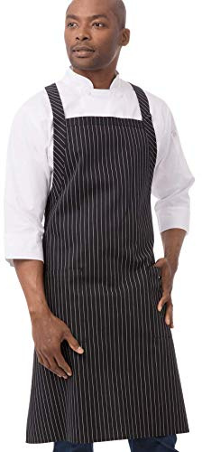 Chef Works Unisex Cross-Back Bib Apron, Black W/ Wht Pinstripe, One Size