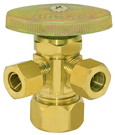 Eastman 3/8 Inch x 3/8 Inch x 5/8 In. OD Compression (1/2 In. Nom.) Multi-Turn Dual-Outlet Three-Way Stop Valve, Brass Plumbing Fitting, Brass, 048285LF