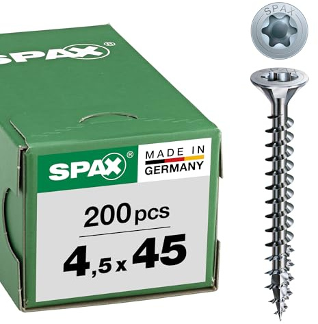 SPAX Lot de 200 vis universelles, 4,5 x 45 mm, T-STAR Plus, tête fraisée, filetage complet, 4CUT, WIROX A3J, galvanisées nues, 1191010450453