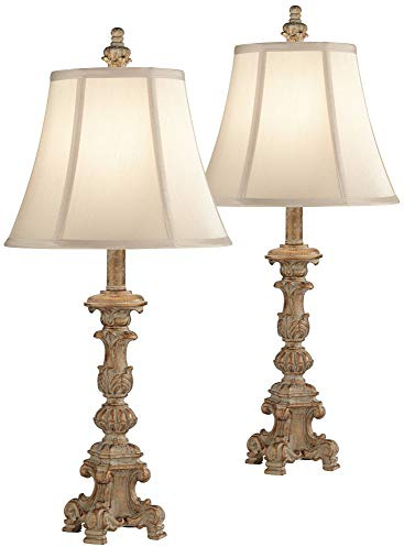 Regency Hill Elize Traditional French Country Style Vintage White Washed Candlestick Table Lamps 26.5 High Set of 2 Bell Shade for Living Room Bedroom House Bedside Nightstand Home Office