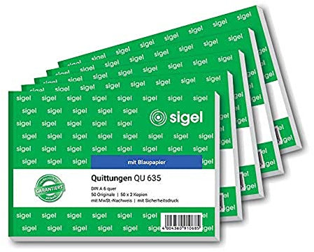 SIGEL QU635/5 Quittungsblock A6 quer, 5 Stück, 3x50 Blatt