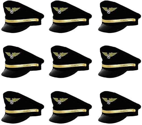 Schwarze Pilotenmütze für Erwachsene – schwarzer Hut mit goldfarbenen Details – perfekt für Fernseh-/Filmcharakter, Piloten-Kostüme und andere Kostümveranstaltungen