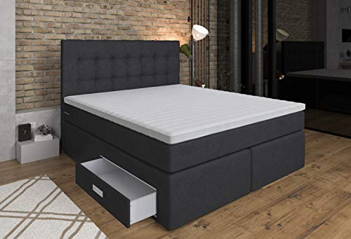 Tesla Dreams Boxspringbett 160x200 Ankona - Schublade, 7 Zonen-Taschenfederkern-Matratzen, H2/H3, Topper Komfort, Anthrazit