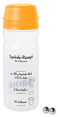 Spätzle-Shaker (ORANGE) für 2 Portionen selbstgemachte Spätzle (675ml) Spätzlepresse und Mixer in einem Fürs einfache Spätzle machen Das patentierte Original
