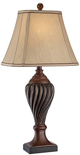 Regency Hill Traditional Style Table Lamp 28.5 Tall Carved Two Tone Brown Urn Shaped Ball Beige Fabric Rectangular Shade for Cottage Core Living Room Bedroom House Bedside Nightstand Home Office