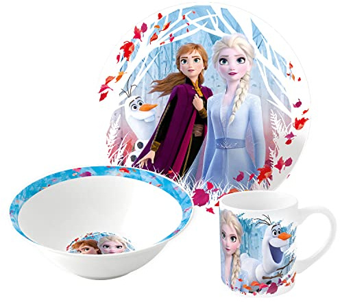p:os Frozen Die Eiskönigin 24508049 - Set da colazione, 3 pezzi, con piatto, ciotola e tazza, stoviglie per bambini in porcellana, lavabile in lavastoviglie/microonde