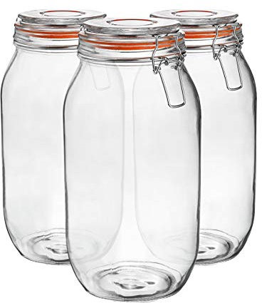 Argon Tableware Glass Jar with Airtight Metal Clip Lid - 2000ml/70.3oz - 3 Pack - 4 Colour Seals - Extra Large Storage Container Round Preserving Jar for Pickling, Chutney, Jam, Coffee, Biscuit