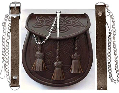 Kilt Sporran Keltisch Geprägt Braunes Leder Latch Stift Detail und Kette für Kilts (Größe: Erwachsene)