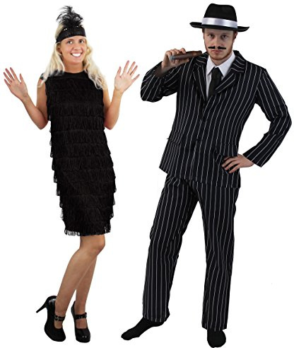 COUPLES 1920's GANGSTER & FLAPPER GIRL FANCY DRESS COSTUME - PINSTRIPE GANGSTER SUIT + BLACK TRILBY HAT | LADIES BLACK FRINGE FLAPPER DRESS WITH FEATHER HEADBAND BY ILOVEFANCYDRESS® (MENS: XL + LADIES: L)