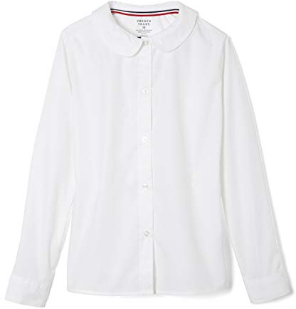 French Toast Girls Long Sleeve Woven Shirt with Peter Pan Collar (Standard & Plus) Blouse, White, 12 Years